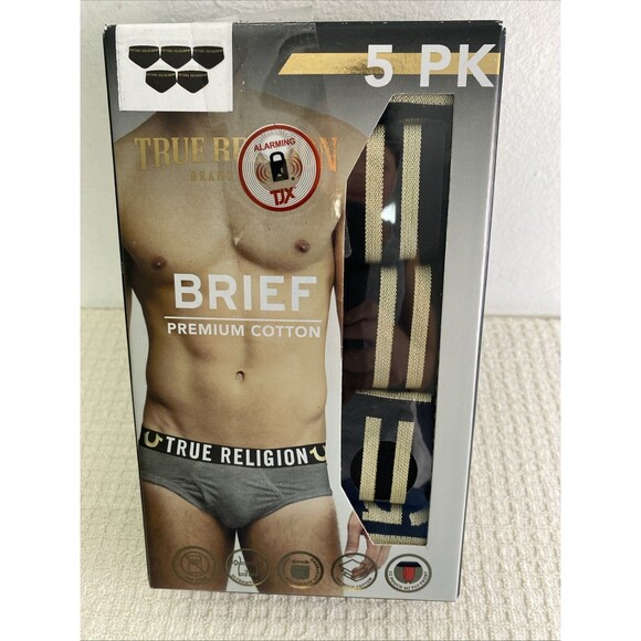 True Religion Premium Cotton Briefs Men's Size M Logo Waistband 5 Pack Black - Picture 1 of 10